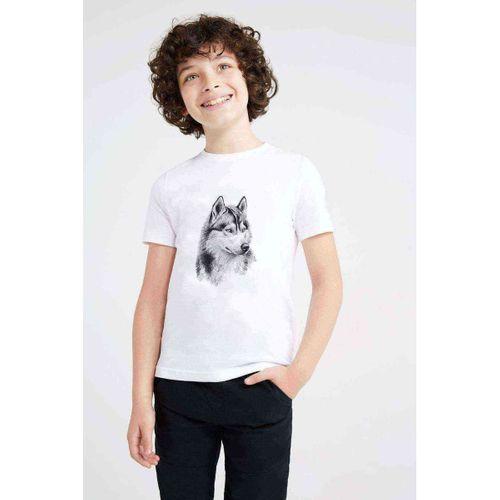 Wolf Kurt Sibirya Köpek Karakalem Çizim Baskılı Unisex Çocuk Beyaz t-shirt