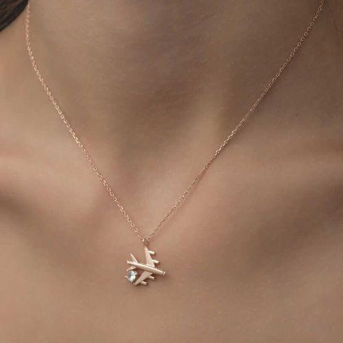 Lucky Life 925 Ayar Gumuss  Rose Tek Taşlı Uçak Lucky Life Lucky Life Kadın Kolye