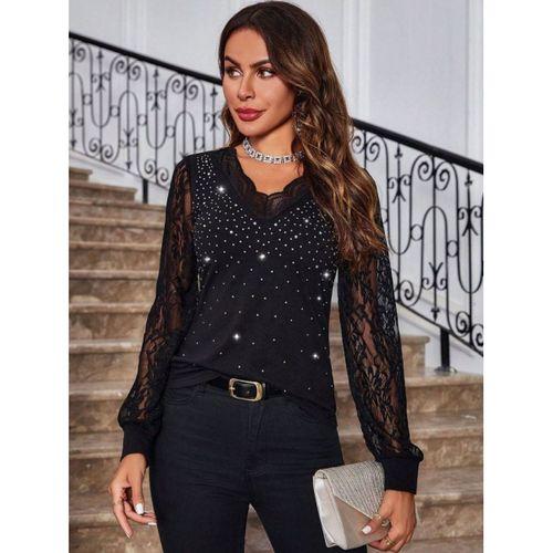 Kadın Uzun Kollu V Yakalı Dantelli Taşlı Sandy Bluz