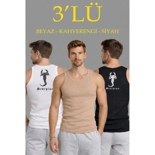 Erkek Spor Fitilli Atlet 3lü Set Beyaz, Siyah Ve Kahverengi Slim Fit Kaşkorse Arka Baskılı Spor Atlet