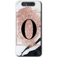 Samsung Galaxy A80 Kılıf Baskılı Kapak - Pembe Mermer Desenli O Harfi + 5D Tam Kaplayan Cam