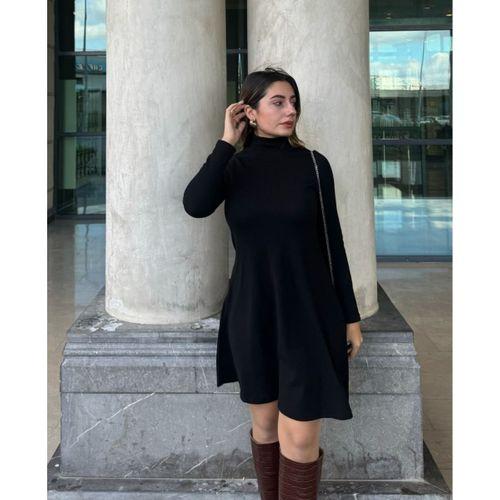 Kadın Uzun Kollu Balıkçı Yaka Salaş Kusa Akrilik Elbise