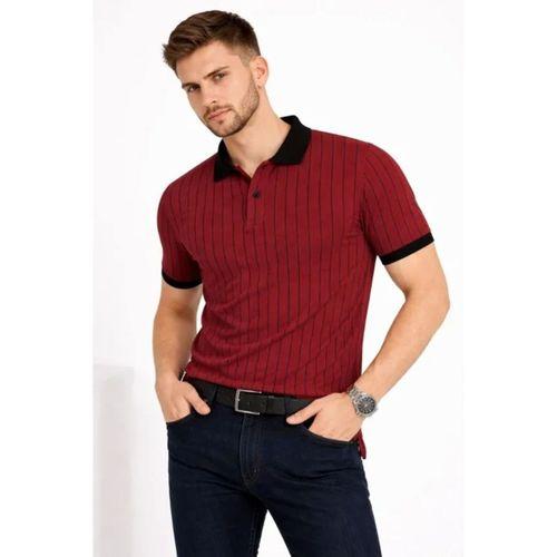 Erkek Polo Yaka Çizgili Tişört Kısa Kol Düğmeli Yazlık T-Shirt - Bordo