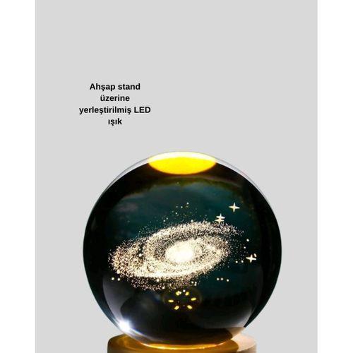 Samanyolu Desenli Kristal Küre Ahşap Standlı Gün Işığı Led Masa Lambası