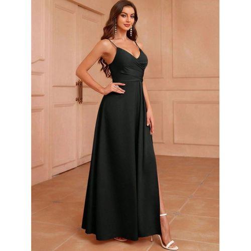 Kadın Ip Askılı Kruvaze Yakalı Yırtmaçlı Uzun Ithal Krep Elbise