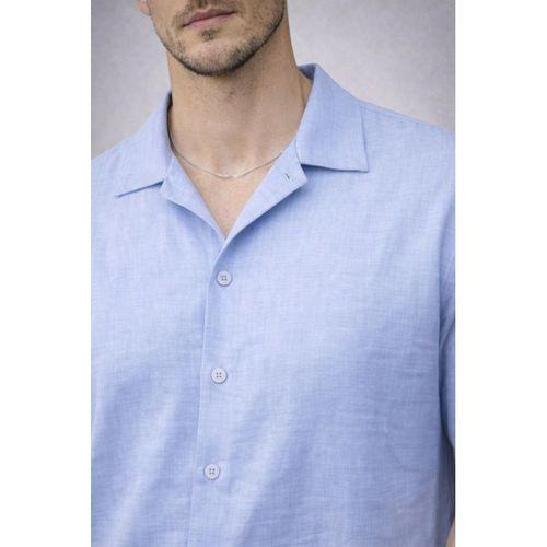 Yarım Oversize Apaş Yaka Kısa Kol Müslin Kumaş Erkek Gömlek - Buz Mavi