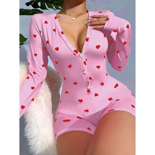 Kadın Pembe Kalp Desenli Zarif Pijama Tulumu Özel Tasarım