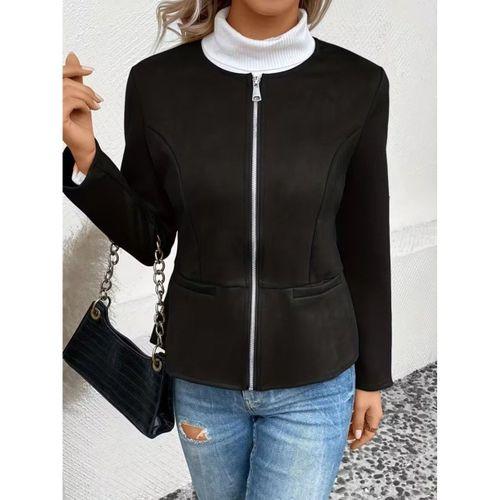 Kadın Uzun Kollu Yuvarlak Yaka önden Fermuarlı Süet Ceket