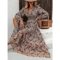 Kadın Uzun Kollu V Yakalı Beli Lastikli Desenli Süprem Elbise