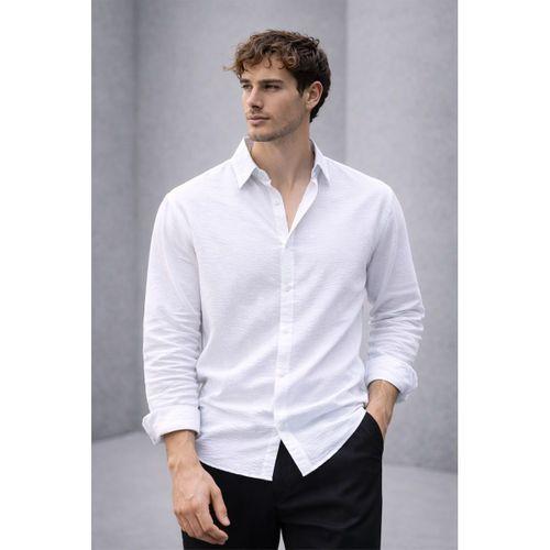 Pera Kumaş Keten Görünümlü Yarım Oversize Uzun kollu Erkek Gömlek - Beyaz