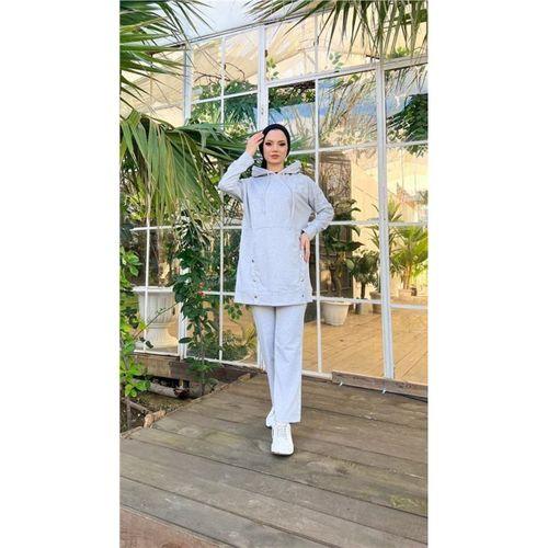 Kapşonlu Çıtçıt Detaylı Kısa Sweat Pantolon İkili Tesettür Eşofman Takımı - 03079.008 - Gri