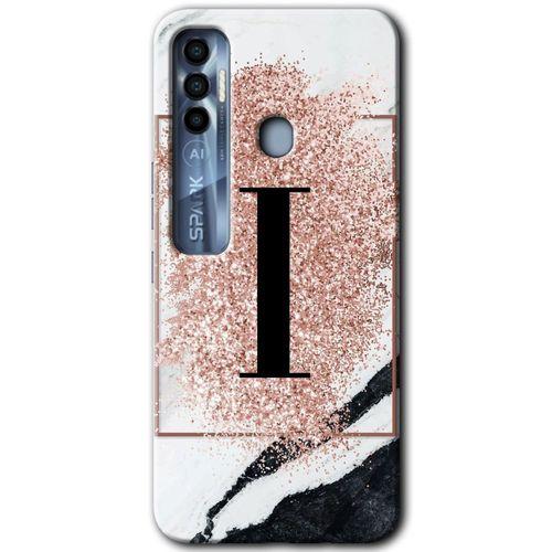 Tecno Spark 7 Pro HD Baskılı Kılıf + 9D Tam Ekran Koruyucu - Pembe Mermer Desenli I Harfi