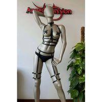 Püskül Choker Detaylı Siyah Deri Jartiyer Harness Takım