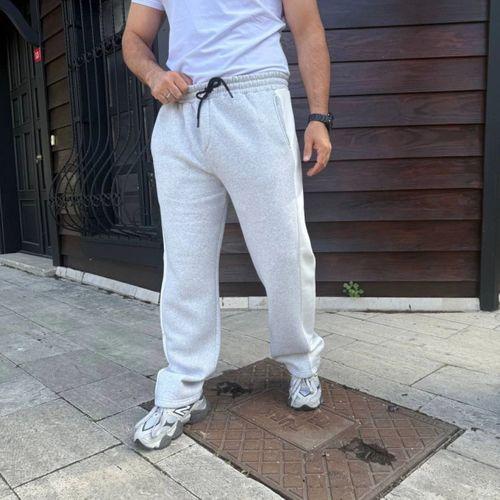 Erkek Üç İplik Kışlık Pamuklu Yandan Garneli Kalın Bej Şeritli Cepli Eşofman Altı - Gri