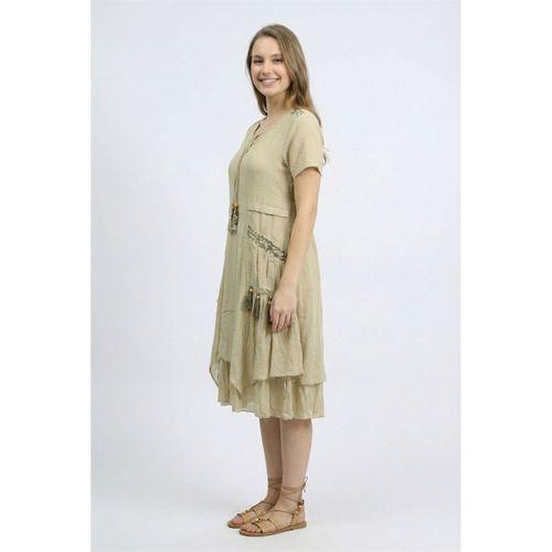 Kısa Kol Nil Vual Diz Boyu Çift Cepli Nakışlı Yazlık Elbise Vizon Vzn