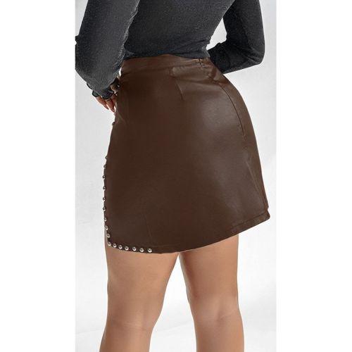 Kadın Yüksek Belli Yandan çivili Mini Deri Etek