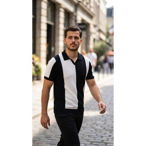 Erkek Kısa Kollu Polo Yakalı Blok Desenli Triko Bluz