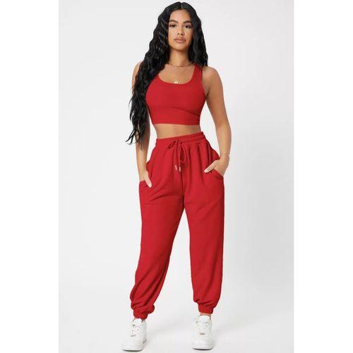 Kadın Kırmızı Kaşkorse Cepli Jogger Eşofman Altı Ve Crop Top Bluz