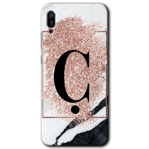 Huawei Y6 2019 Kılıf HD Desen Baskılı Arka Kapak - Pembe Mermer Desenli Ç Harfi + Kırılmaz Cam