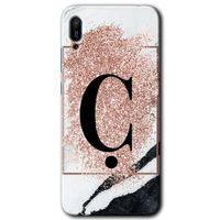Huawei Y6 2019 Kılıf HD Desen Baskılı Arka Kapak - Pembe Mermer Desenli Ç Harfi + Kırılmaz Cam