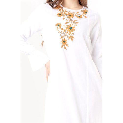 Uzun Kol Aysu Nakışlı Bisiklet Yaka Şile Bezi Yazlık Uzun Elbise Beyaz Byz