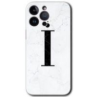 Potkal Hediye Fabrikası iPhone 14 Pro Kılıf HD Desen Baskılı Arka Kapak - Beyaz Mermer Desenli İ Harfi