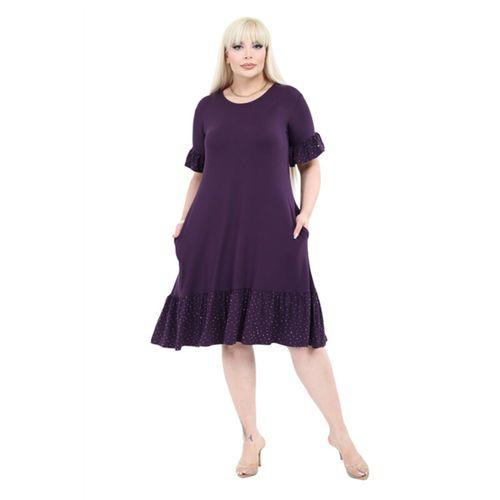 Melsay Butik Kolları Taş Baskılı Fırfırlı Kısa Kollu Mor Kadın Midi Elbise