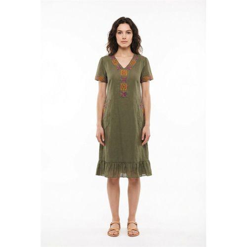 Kısa Kol Feyza V Yaka Çift Cepli Bağlamalı Yazlık Kısa Vual Elbise Haki Hk