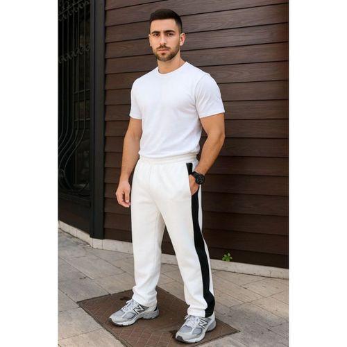 Erkek Üç İplik Kışlık Pamuklu Yandan Garneli Kalın Şeritli Cepli Eşofman Altı - Beyaz