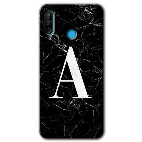 MRCİLETİSİM Huawei P30 Lite Kılıf HD Desen Baskılı Arka Kapak + Temperli Cam - Siyah Mermer Desenli A Harfi