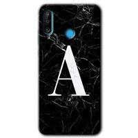 MRCİLETİSİM Huawei P30 Lite Kılıf HD Desen Baskılı Arka Kapak + Temperli Cam - Siyah Mermer Desenli A Harfi