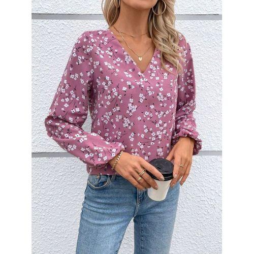 Kadın Uzun Kollu V Yakalı çiçek Desenli Modal Bluz