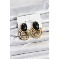 Pirinç Gold Renk Siyah Taşlı Vintage Kadın Küpe