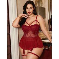 Kadın Bordo Dantelli Transparan Büyük Beden Fantezi Gecelik Takımı 8002