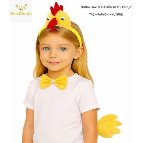 Çocuk Horoz Tavuk Kostüm Seti 3 Parça (Taç + Papyon + Kuyruk)