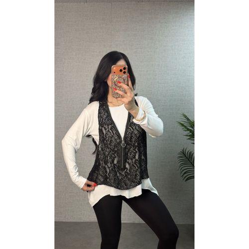 Kadın Uzun Kollu Asimetrik Kesim Bluz Ve Dantel Güpür Transparan Detay Fermuarlı Yelek Ikili Takım