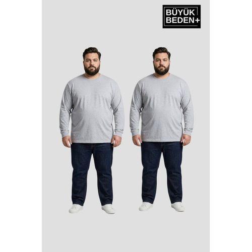 Erkek Büyük Beden 2 li Set Uzun Kollu 2 İplik Bisiklet Yaka Tişört SPR26BEA942+2