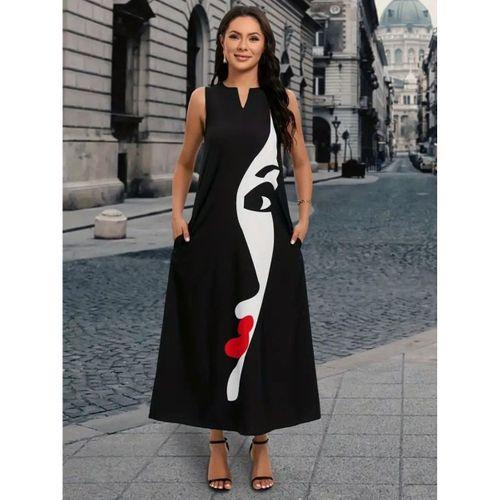 Kadın Sıfır Kol V Yakalı Kadın Yüz Desenli Süprem Elbise