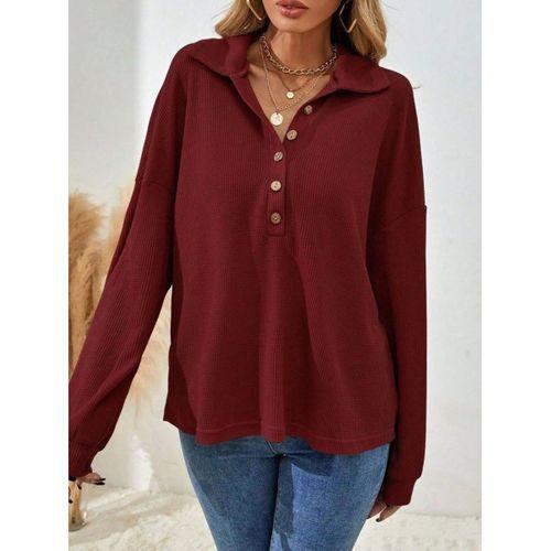Kadın Uzun Kollu Yakalı Düğmeli Salaş Waffle Bluz