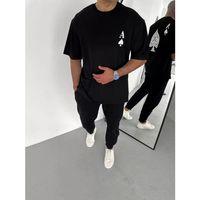 Unisex Bisiklet Yaka Baskılı Oversize T-Shirt - Siyah