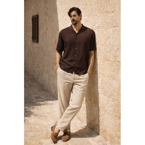 Doris Oversize Kalıp Odessa Kumaş Resort Yaka Kısa Kollu Erkek Gömlek - Kahve
