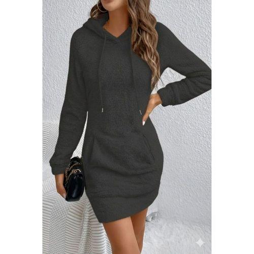 Kadın Uzun Kollu Kapşonlu Cepli Mini Peluş Elbise
