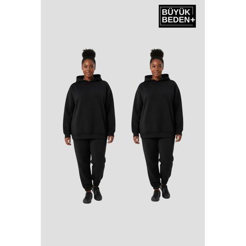 Kadın Büyük Beden 2  li Set Kapşonlu Kollar Ve Etek Ribanalı ince Swatshırt SPR26BSWK957+2