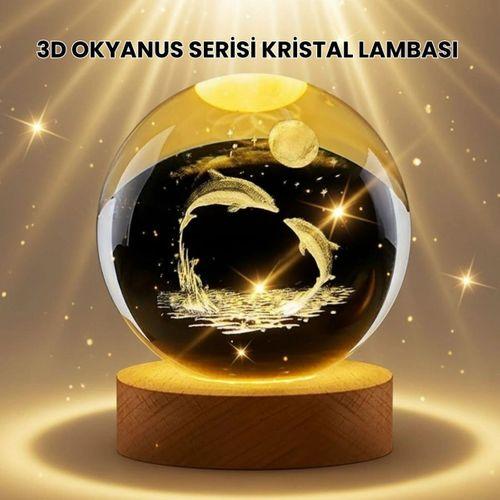 Lazer İşlemeli Yunus Kristal Küre Sıcak Işıklı Ahşap Standlı