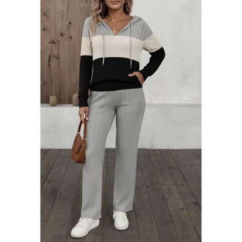 Kadın Uzun Kollu Kapşonlu Bağcıklı Blok Renkli şardonlu Kaşkorse Bluz Ve Pantolon Ikili Takım