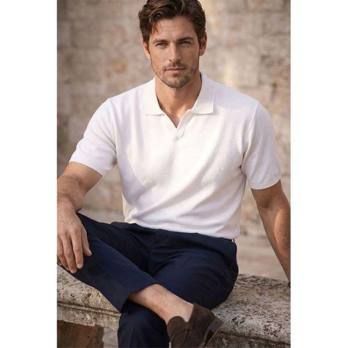 Dawson Polo V Yaka Düğmesiz Kısa Kollu İnce Triko Erkek T-Shirt - Ekru