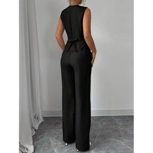 Kadın Askılı önden Düğmeli Bluz Ve Pantolon Keten Ikili Takım