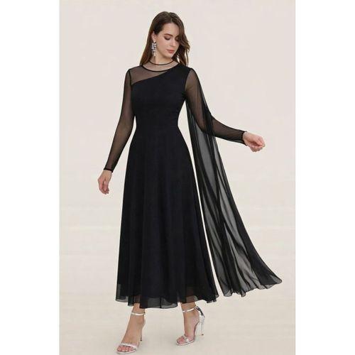 Kadın Uzun Kollu Yarı Balıkçı Yaka Tül Detaylı Uzun Sandy Elbise