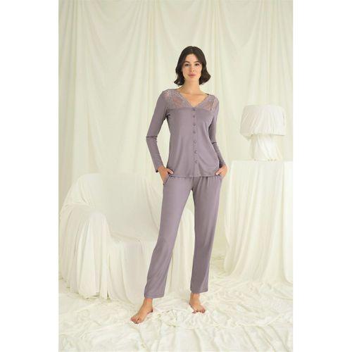 Yakası Kolu Ve Omzu Dantelli Boydan Düğmeli Pijama Takımı