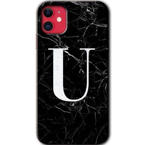 iPhone 11 Kılıf HD Desen Baskılı Arka Kapak - Siyah Mermer Desenli U Harfi + Kırılmaz Cam
